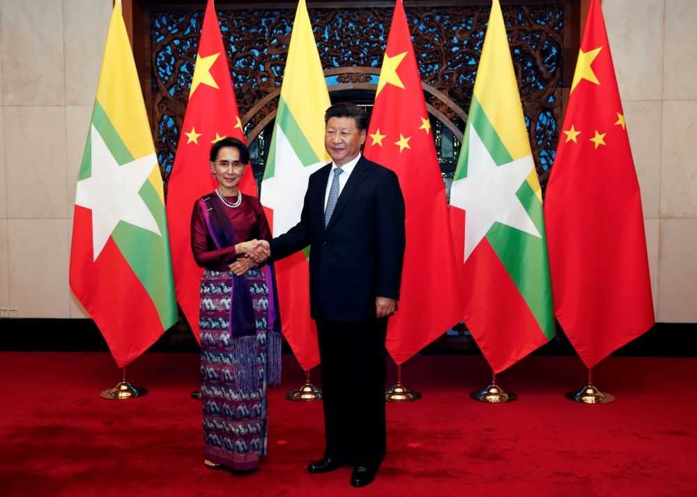 緬甸「太上總統」翁山蘇姬與習近平見面。 （湯森路透）