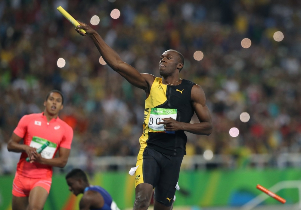 牙買加選手柏特於男子4X100公尺接力賽中贏得金牌（美聯社）