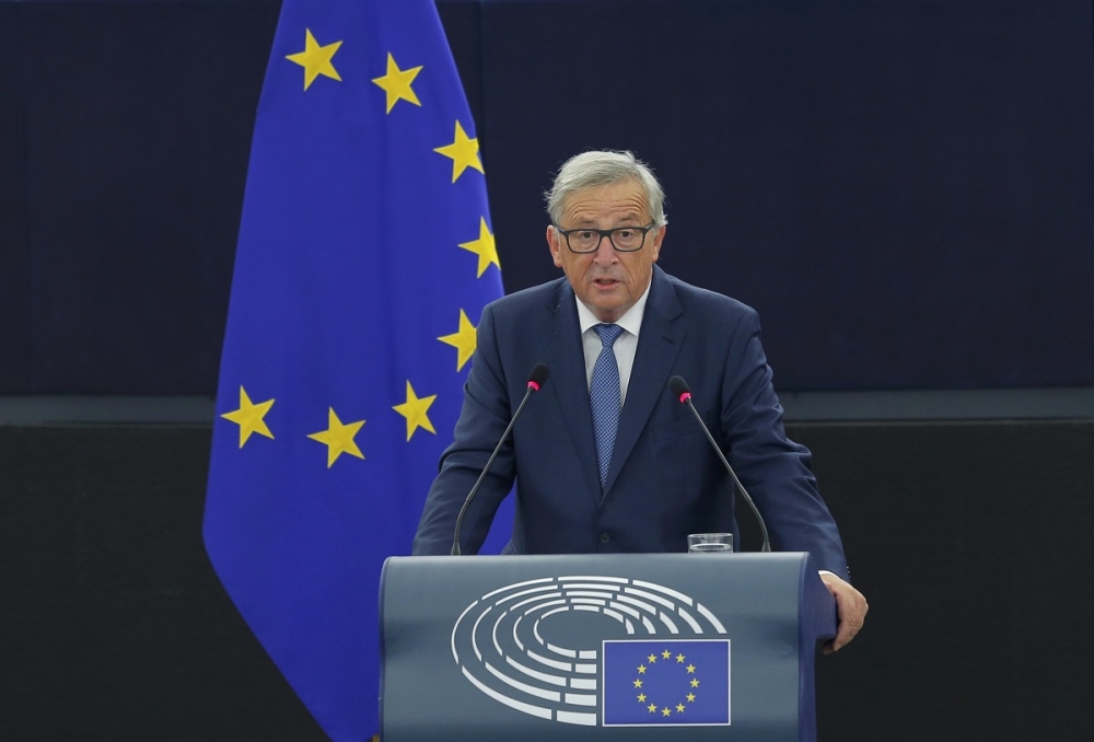 歐盟執委會主席容克14日於歐洲議會發表年度咨文。（湯森路透）