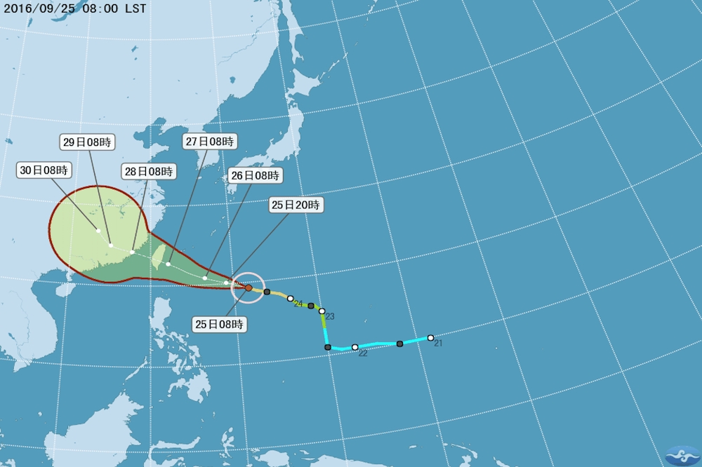 中颱「梅姬」直往台灣前進，中央氣象局預估，27日將影響台灣最劇，提醒民眾做好防颱準備。（翻攝自中央氣象局）