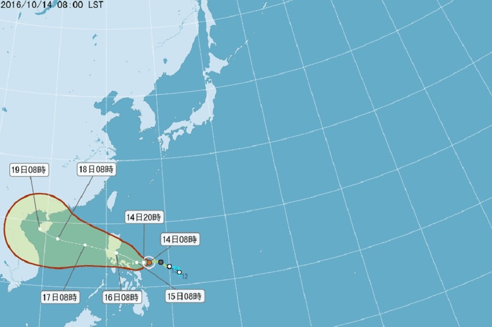 第21號颱風莎莉佳13日晚間形成，氣象局表示，17、18日是颱風最接近台灣的時候，外圍環流將為南台灣帶來降雨。（翻攝自中央氣象局）