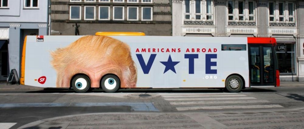美國共和黨總統提名人川普成為丹麥公車外的廣告主角。（美聯社）
