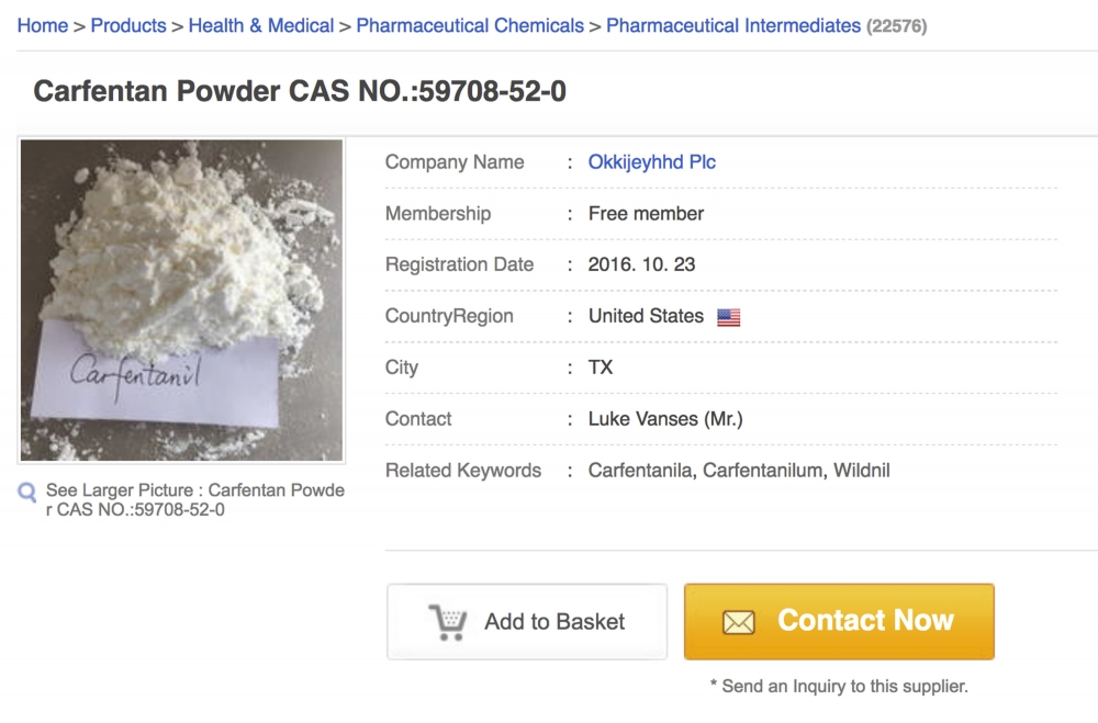 中國公司兜售管制藥品「卡芬太尼」（carfentanil）。（美聯社）