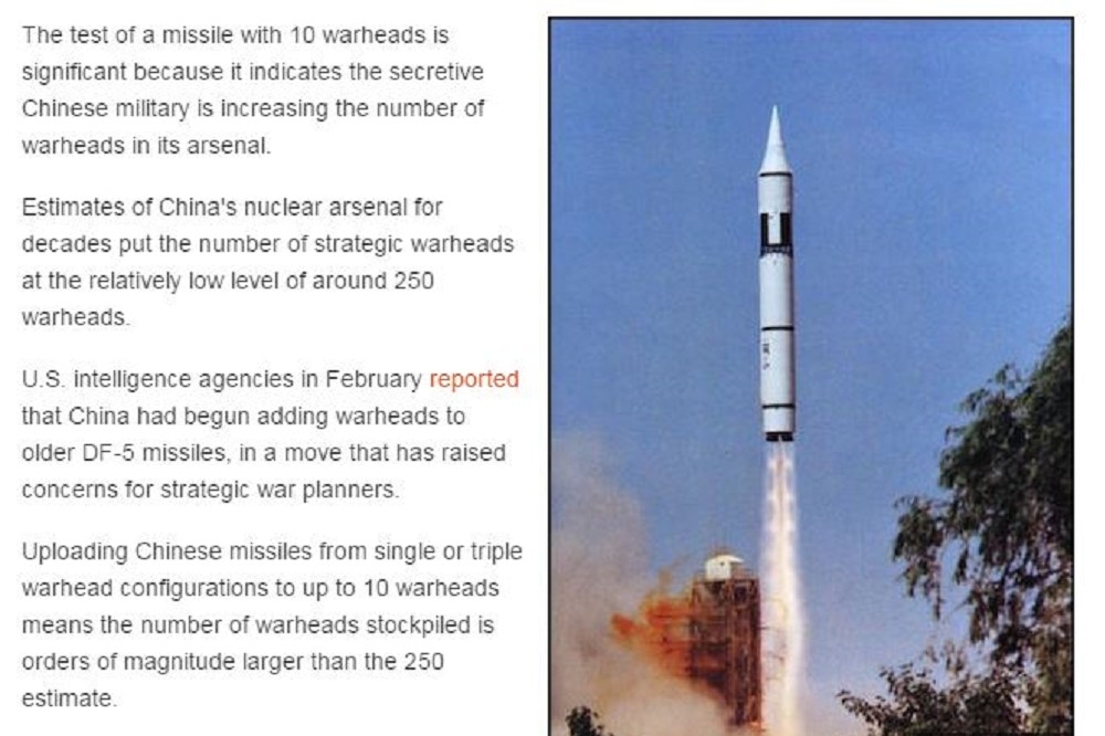 美媒報導指出，中國解放軍近期在太原衛星發射中心，試射可塔載10個彈頭的東風5C型洲際飛彈，命中中國境內西部沙漠目標區。（翻攝自freebeacon網站）