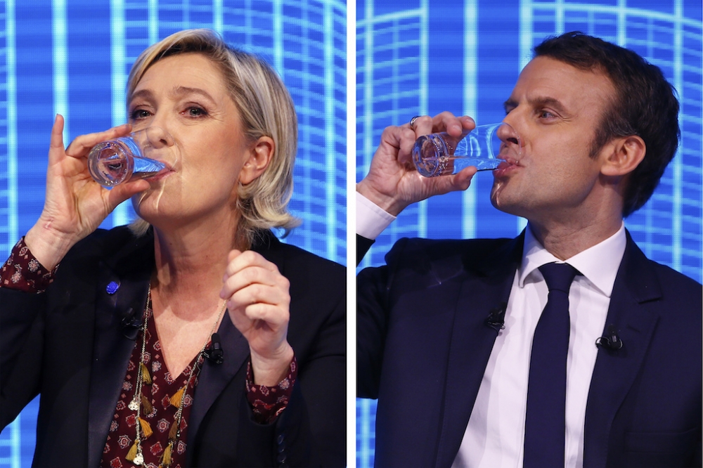 法國總統大選4月登場，目前極右派的勒潘（左）及中間派的黑馬馬卡洪（右）被看好有望進入第二輪選舉。（美聯社）