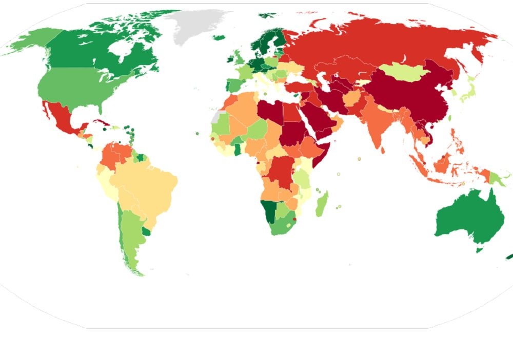 2016年全球新聞自由指數排名，顔色越偏綠代表越自由，越偏紅代表越不自由。（維基百科）
