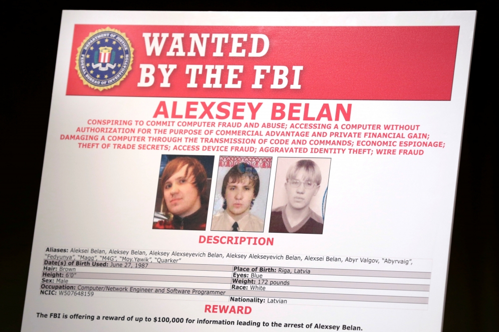 FBI以10萬美金（約新台幣306萬元）懸賞俄羅斯駭客貝蘭（Aleksei Belan）。（湯森路透）