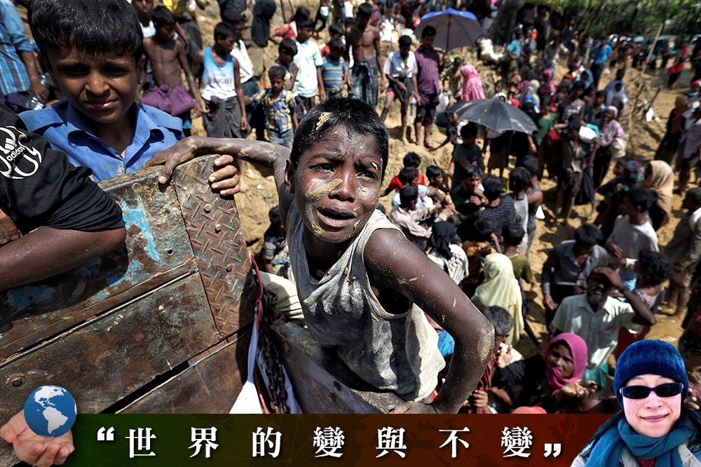 逃至孟加拉爭搶糧食的羅興亞孩童。（照片：湯森路透，後製：潘世惟）