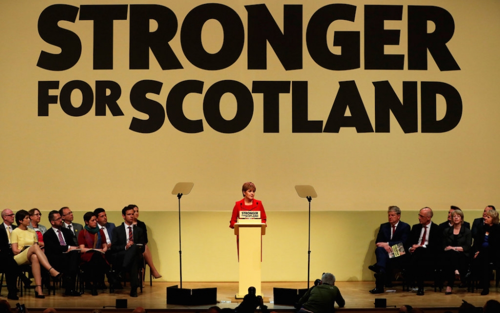 SNP黨魁史特金5月30日在蘇格蘭伯斯發表競選宣言。（湯森路透）