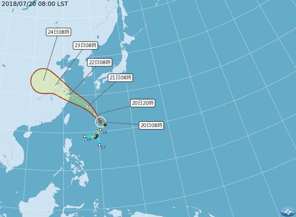 今年第10號颱風「安比」，20日清晨位置在鵝鑾鼻東南東方約980公里海面上，周末最靠近台，預計對台無直接影響。（圖片取自中央氣象局）