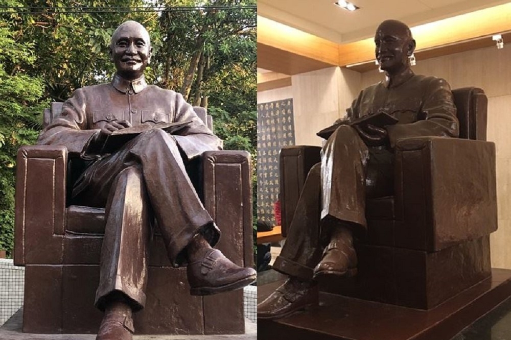 政治大學表示，圖書館內的蔣公銅像（圖右）已遷移至華興育幼院（圖左）。（圖片取自政大官網）