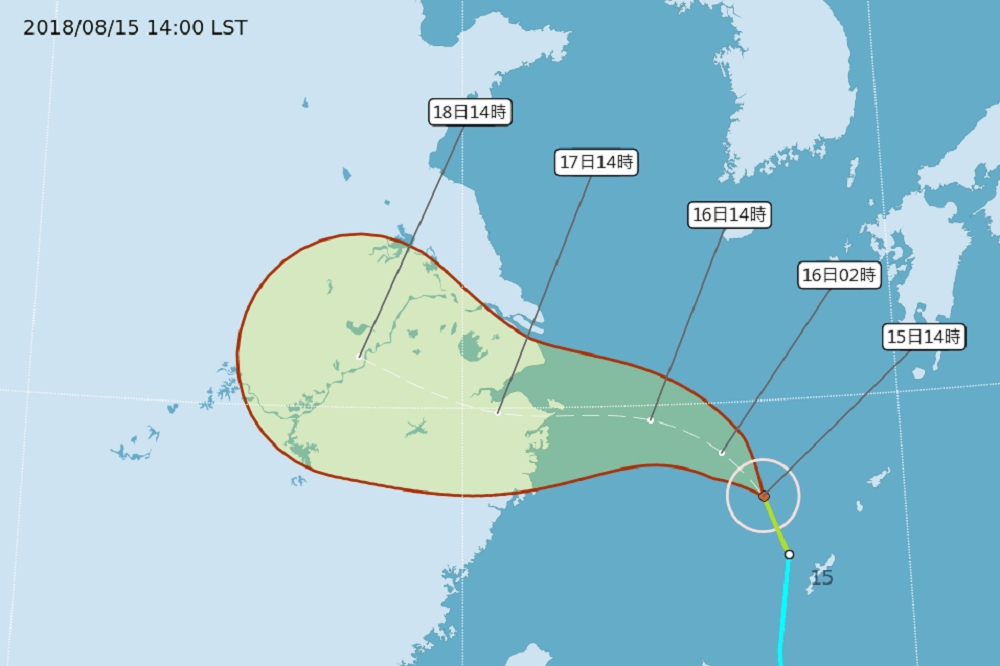 中央氣象局預估棕櫚颱風路徑，將往浙江、東海過去，16日相對距離台灣最近。（中央氣象局提供）