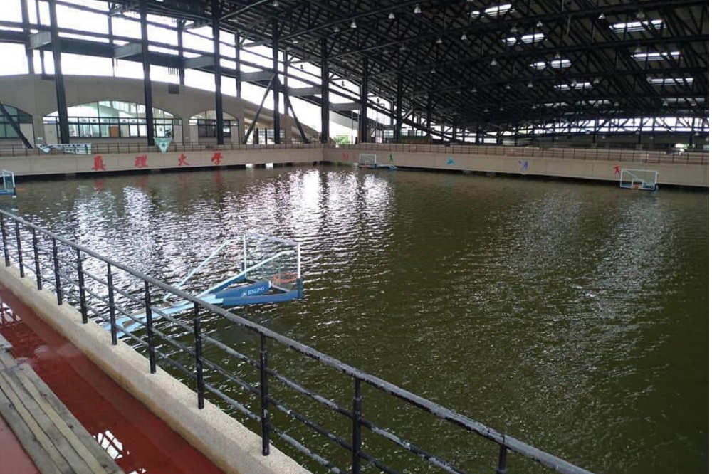 真理大學麻豆校區淹水災情嚴重，籃球場如同大湖。（圖片取自PTT）