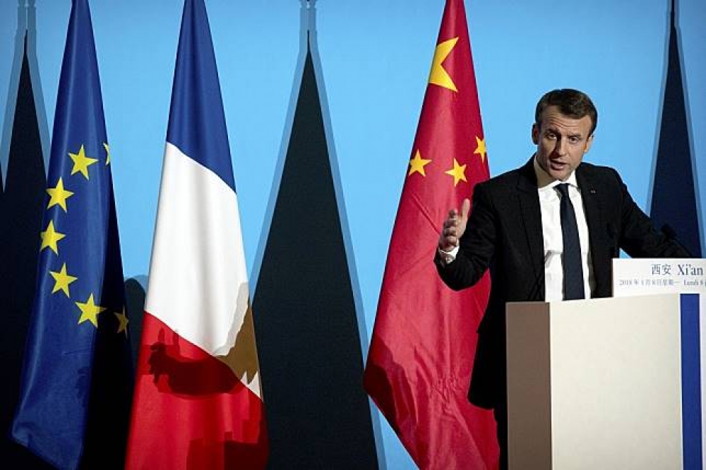法國總統馬卡洪8日於中國西安發表演說。（美聯社）