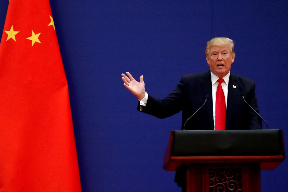 2017年11月9日美國總統川普訪問中國，於北京人民大會堂致詞。（湯森路透）