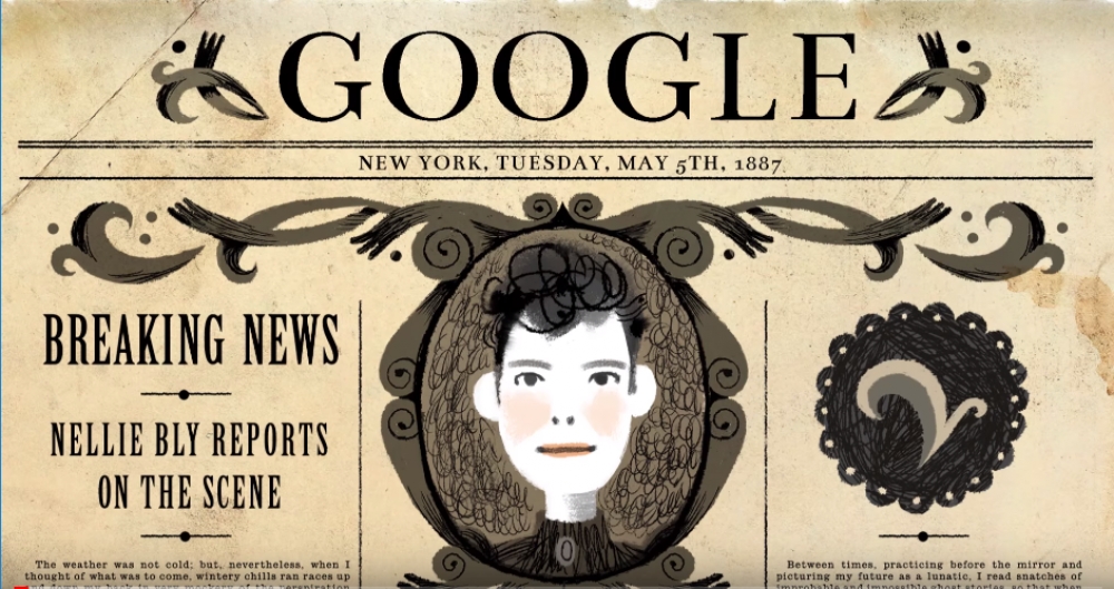 2015年布萊151歲冥誕當天，Google Doodle 以她為當日人物，具體向現代人介紹這位傳奇女記者的生平事蹟。（圖片擷取自Youtube）