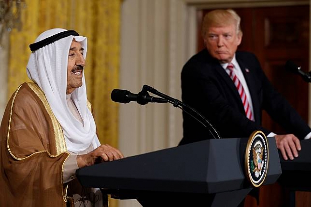美國總統川普9月7日與科威特元首薩巴赫於白宮舉行聯合記者會。（湯森路透）
