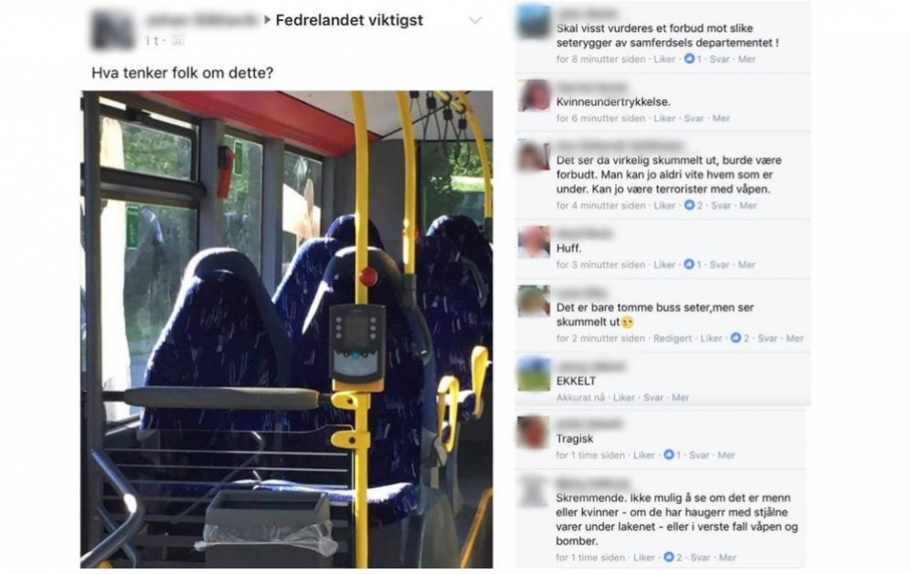 日前，挪威一極右派社團在臉書上貼出一張公車座位照，乍看之下，整車似乎是坐滿了穿戴黑色面紗的穆斯林，接著便有不明就裡的網友借題發揮據此批判伊斯蘭教。（取自Fedrelandet viktigst臉書）