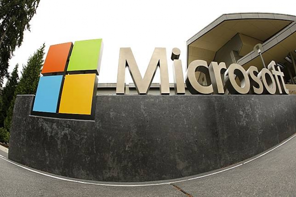 微軟（Microsoft）位在美國雷德蒙德（Redmond）外的標誌。（美聯社）