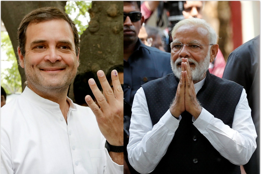 印度將在23日開票，未來5年到底是莫迪（右）或是拉胡爾（左）當家執政？（湯森路透）