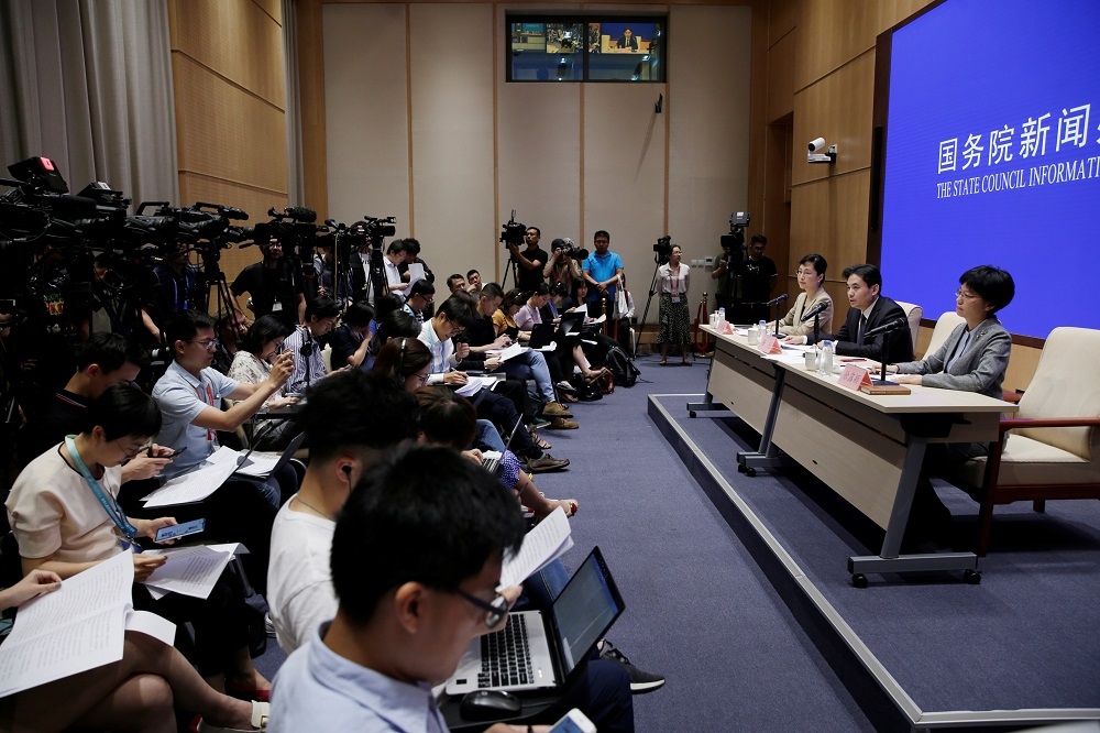 中國國務院港澳辦再度舉行記者講述香港情況。(湯森路透)