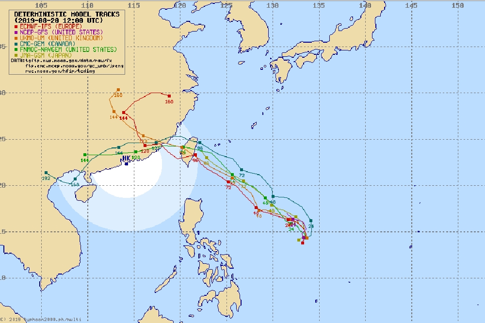 歐洲、英國、日本、加拿大等觀測路徑皆顯示，白鹿颱風很可能直撲台灣本島；吳德榮表示，若「白鹿」直撲台灣，將帶來「強風豪雨」。（圖片取自typhoon2000）
