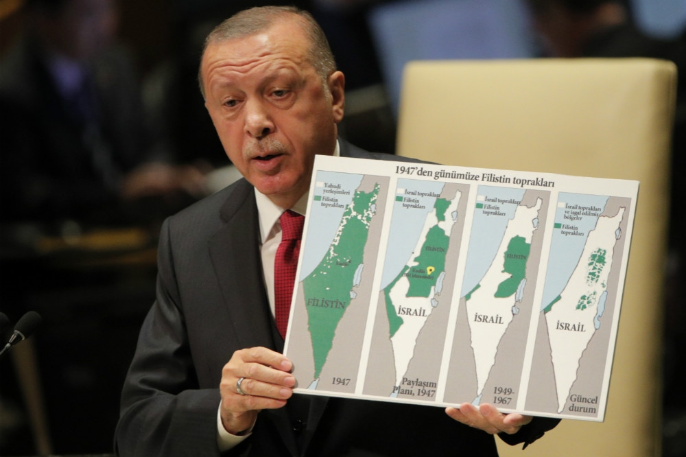土耳其總統埃爾多安在聯合國大會大力抨擊以色列。（湯森路透）