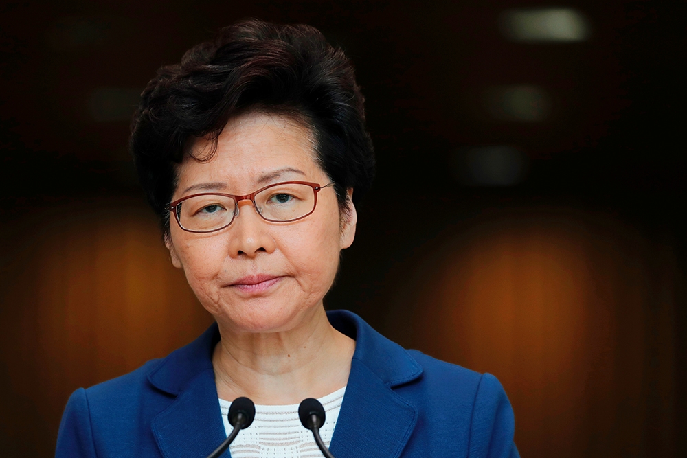 香港行政長官林鄭月娥拒絕排除北京當局介入香港示威的可能性。（湯森路透）