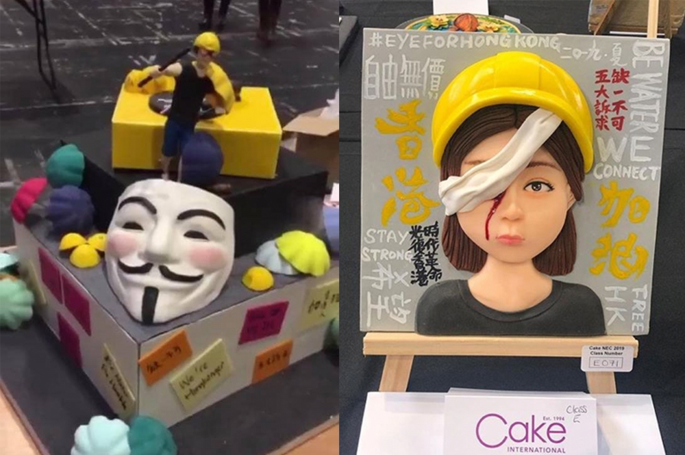 由港人製作的兩個關於反送中運動的作品遭中國蛋糕師舉報「港獨」。（3rd Space＿hk instagram圖片）