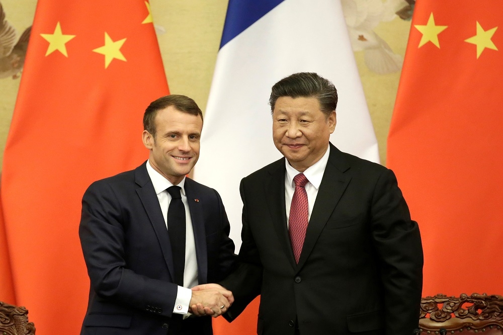 中國國家主席習近平6日與法國總統馬卡洪（Emmanuel Macron），舉行記者會。（湯森路透）