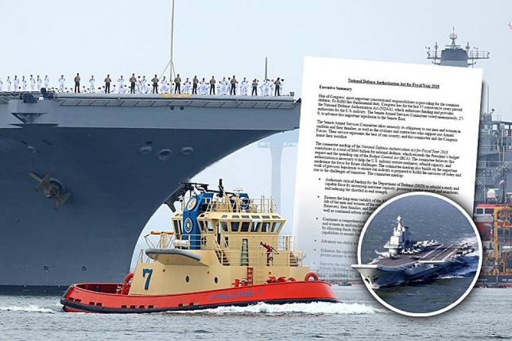 中國遼寧號（右）攜戰鬥群出海「跨區訓練」效應，美國參議院軍事委員會允許海軍軍艦例行性停靠台灣港口的做法，有以「台灣牌」與中國較勁的意味。圖為讓美國核動力航母尼米茲號（USS Nimitz）。（合成畫面／湯森路透、取自中新網、《美國國防授權法》新條款）