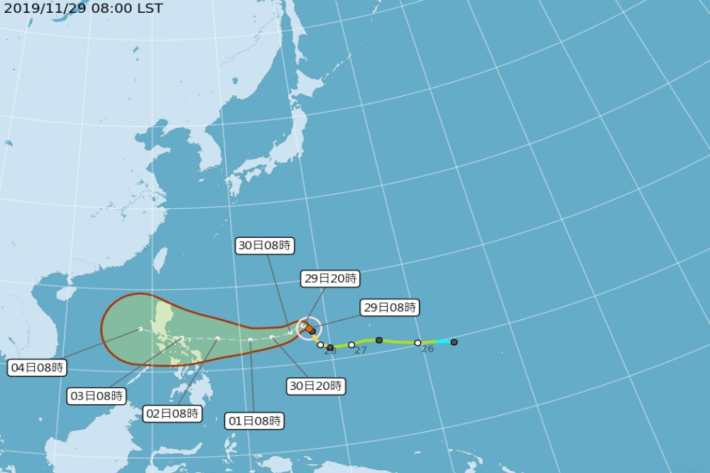 中度颱風「北冕」最有機會在12月3日或4日增強成強烈颱風，另一波冷空氣預計在12月5日抵達，北部、東北部將出現局部短暫雨。（取自中央氣象局）