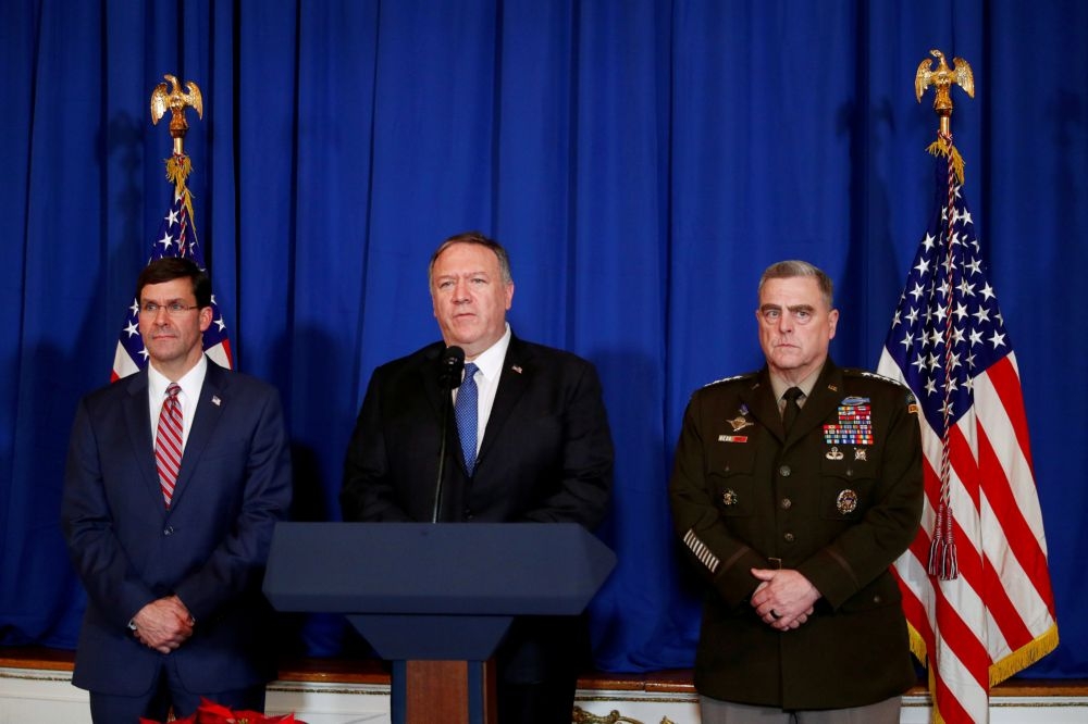 美國國防部長埃斯柏（由左至右）、國務卿蓬佩奧、參謀首長聯席會議主席米利。（資料照，湯森路透）
