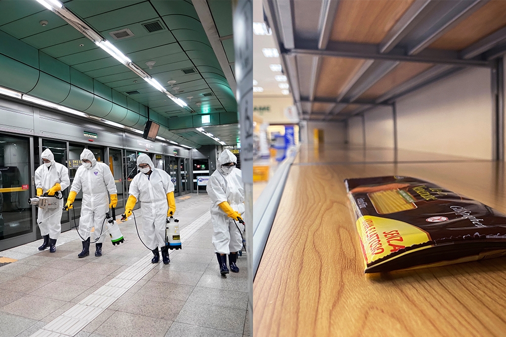 南韓軍人在捷運站消毒；義國人搶光超商義大利麵。（湯森路透）
