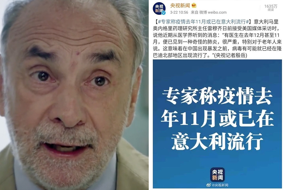 中國官媒暗示「病毒來自義國」，義大利教授雷穆齊反擊。（取自Youtube，微博）