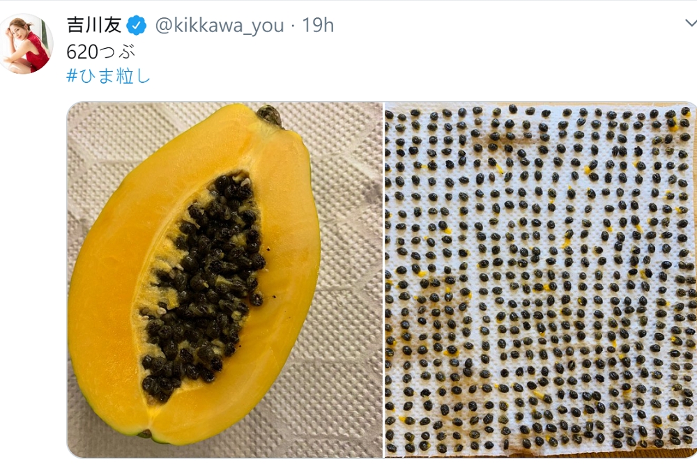日本女偶像吉川友，利用木瓜挑籽，來打發時間。（取自吉川友推特）