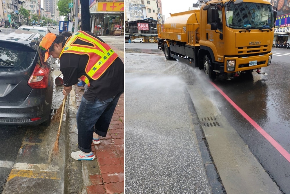 清潔隊員趁雨勢暫緩，趕緊清理洩水孔，解決路面積水通。（高雄市環保局提供）
