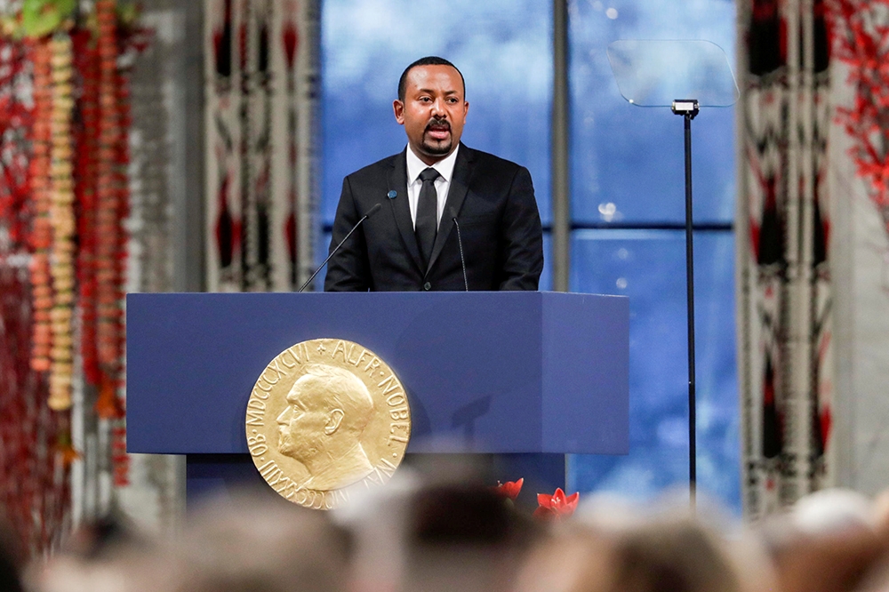 衣索比亞總理阿里在2019年獲諾貝爾和平獎時發言。（湯森路透）