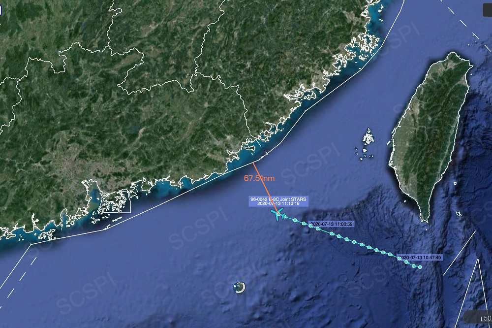 美E-8C「聯合之星」指揮機13日現蹤台灣南部巴士海峽，朝中國廣東前進偵查。（取自SCS twitter）