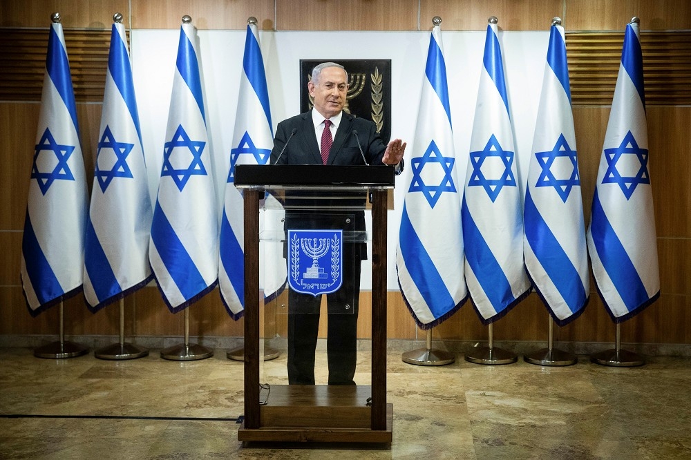 以色列總理納坦雅胡在國會發表聲明。（湯森路透）