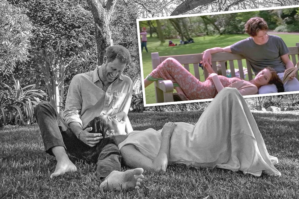 哈利與梅根公開懷第二胎的照片，與電影《新娘百分百》的經典畫面頗為類似。（上《新娘百分百》劇照，下取自Misan Harriman IG）