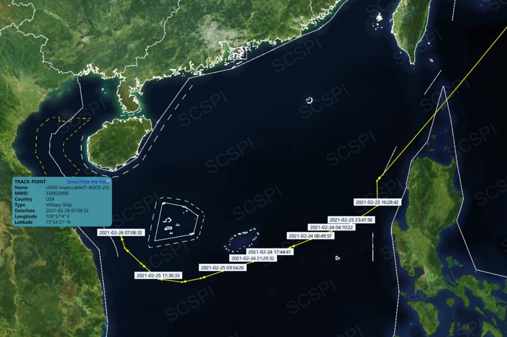 中國北大海洋戰略研究中心成立平台「南海戰略態勢感知」計畫，26日在Twitter發布美國海軍測量船駛入南海的最新活動情況。（取自SCSProbing Initiative Twitter）
