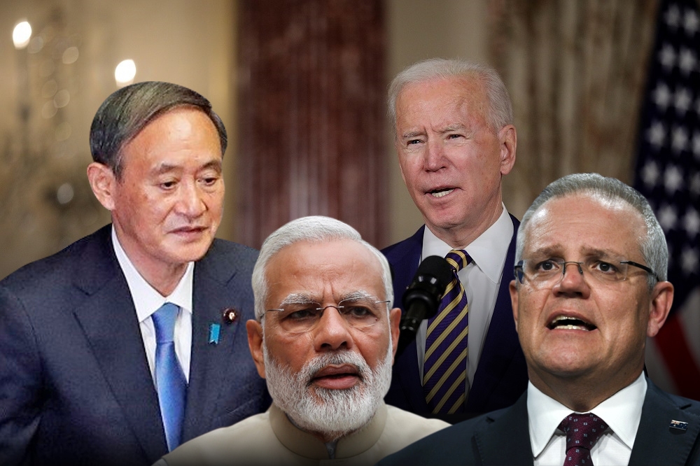 QUAD元首高峰會12日視訊線上舉行，會中將討論圍堵中國疫苗外交援助擴大國際影響力。左起為日首相菅義偉、印度總理莫迪、美國總統拜登及澳洲總理莫里森。（合成畫面／湯森路透）