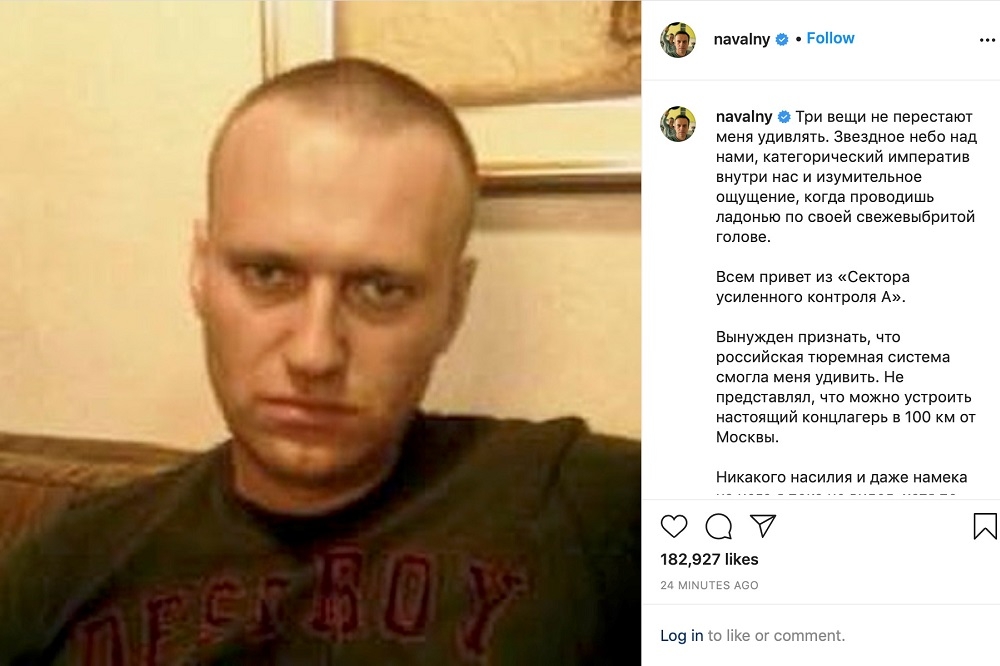 俄羅斯反對派領袖納瓦尼在社群媒體上貼文。（湯森路透）
