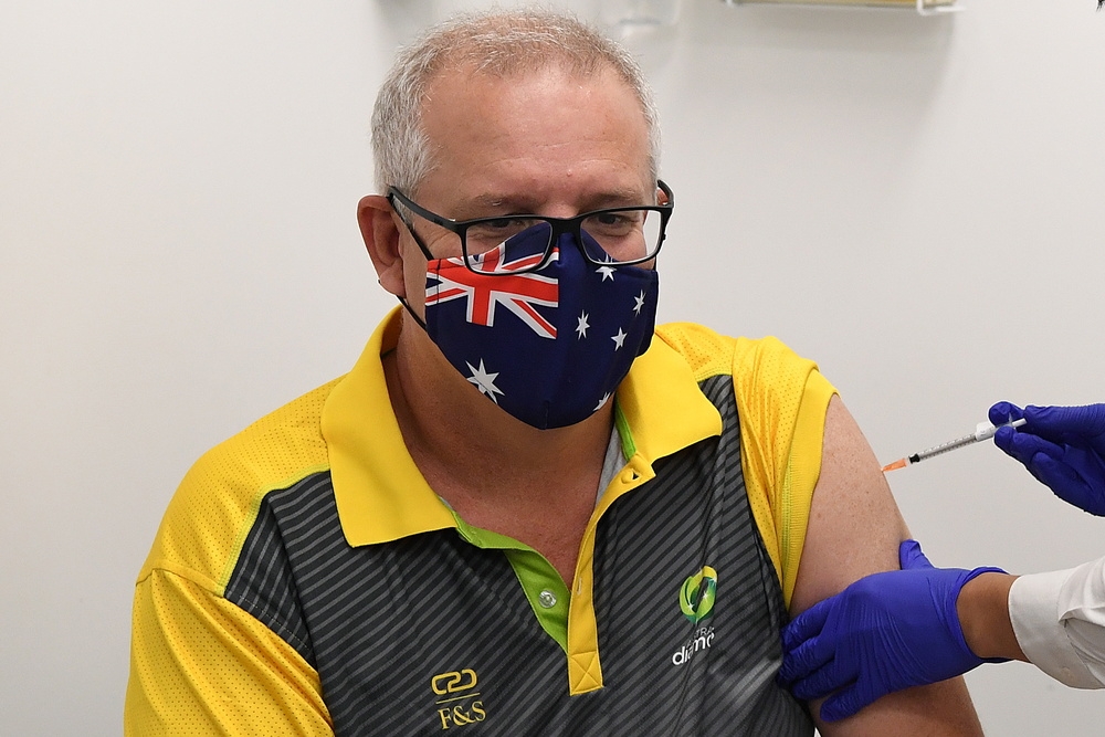公開接種疫苗的澳洲總理莫里森。（湯森路透）