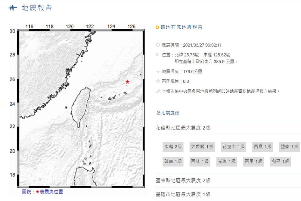 基隆外海27日清晨發生規模6.8地震。（取自中央氣象局）