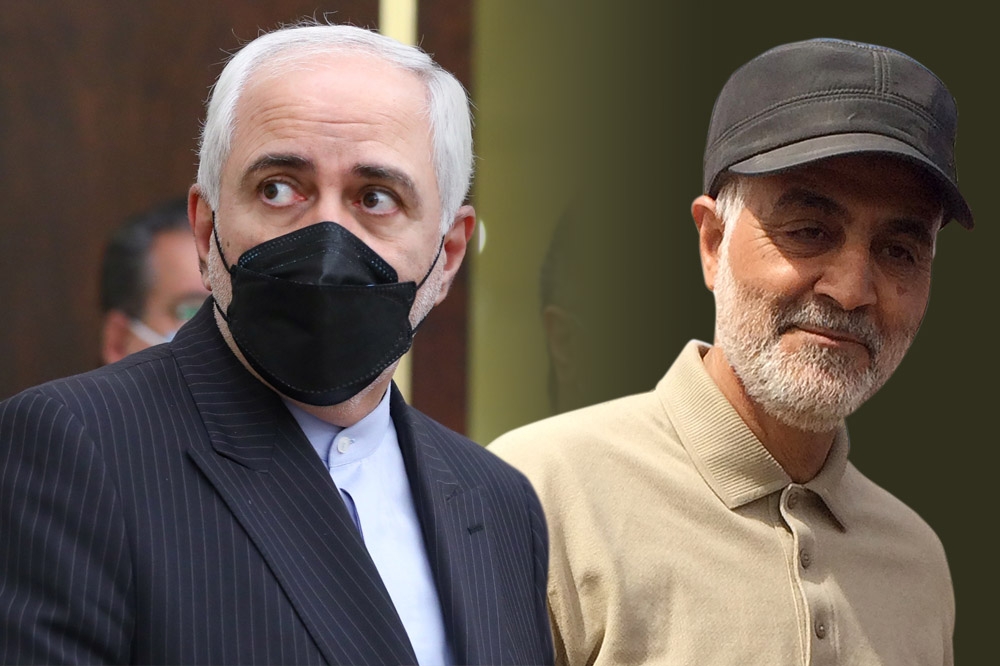 伊朗外長扎里夫（左）在祕密採訪中批評蘇雷曼尼（右）干預外交。（湯森路透，本報後製）