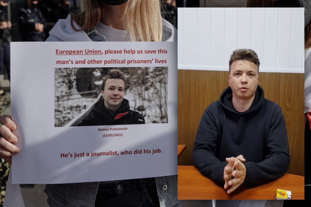 白俄羅斯異議記者普羅塔塞維奇5月23日遭捕後發影片報平安，被各界認為是「挾持影片」。波蘭首都華沙民眾發起抗議、要求歐盟協助，「他只是在做份內工作」。（湯森路透）