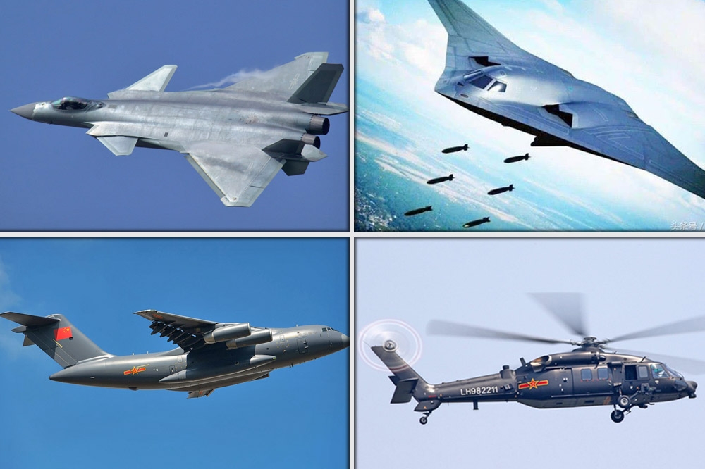 四款軍用機包括運輸機、直升機、轟炸機與戰機，都以20為編號，將組成解放軍未來的空中作戰主力，替換大批的舊型軍機，（合成圖片）