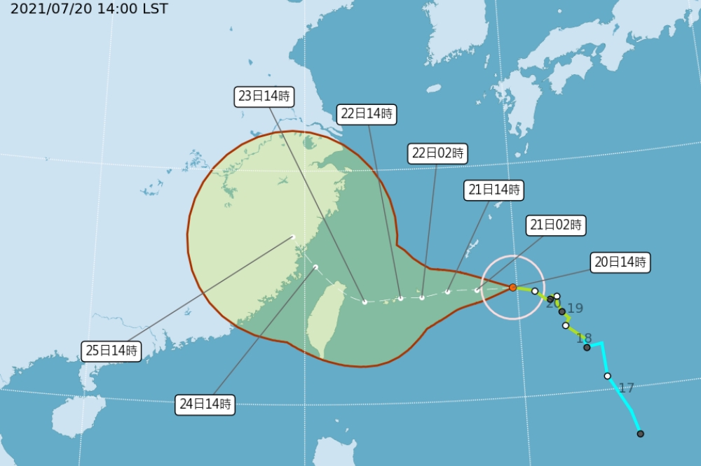 烟花颱風潛勢路徑圖。（氣象局提供）